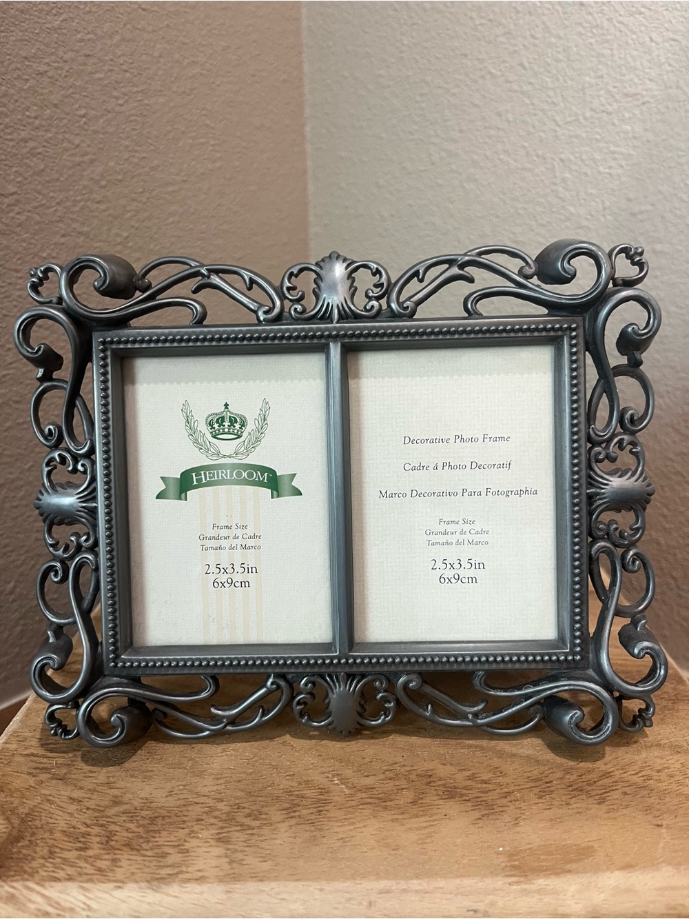 Heirloom Double 2.5 X 3.5” FRAME PEWTER METAL SILVER Ornate Scroll